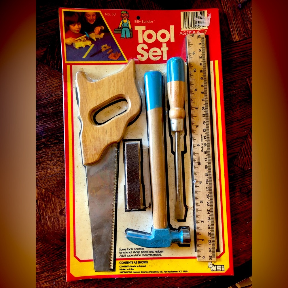 Vintage toy tool set, new in original package.